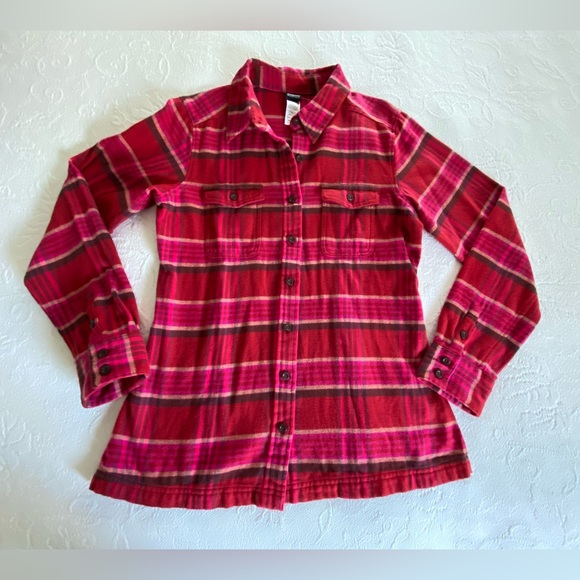 Patagonia Red Pink plaid Fjord Flannel Shirt Size 6 long sleeve Organic cotton - Picture 9 of 13
